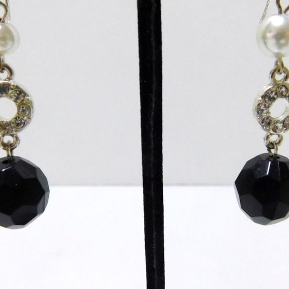 Drop Dangle Faux Pearl Black Faceted Bead Rhinestones Womens Earrings Fish Hook - Picture 4 of 7